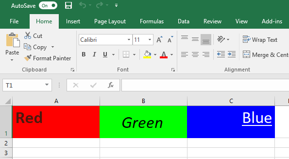 Excel chart table with three cells whose format, fill, and font properties have been updated.
