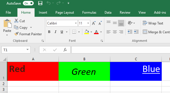 Tabela de gráfico do Excel com três células cujas propriedades formatação, preenchimento e fonte foram atualizadas.